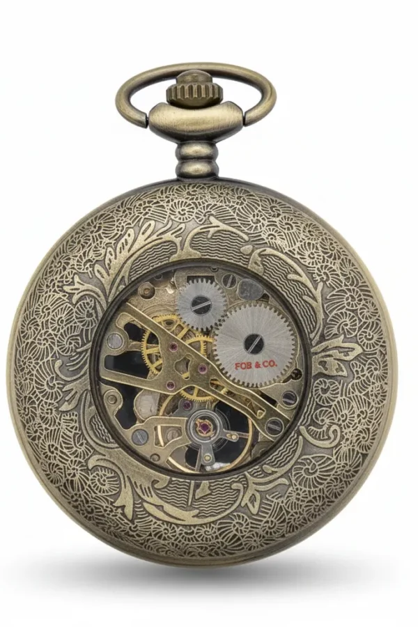 FAC-031-pocket-watch-1 Brass Mini Heart See Through Half Hunter Pocket Watch product image