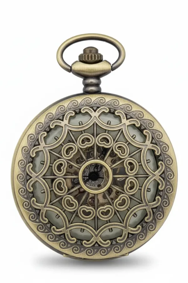 FAC-031-pocket-watch-2 Brass Mini Heart See Through Half Hunter Pocket Watch product image