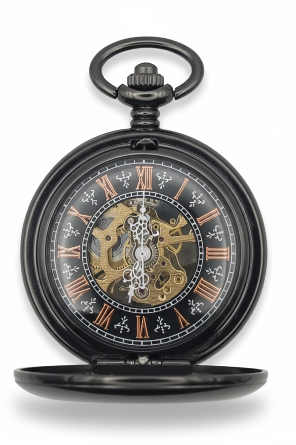 FAC-130-pocket-watch-3 Polished Black Roman Numeral Half Hunter Fob Watch product image