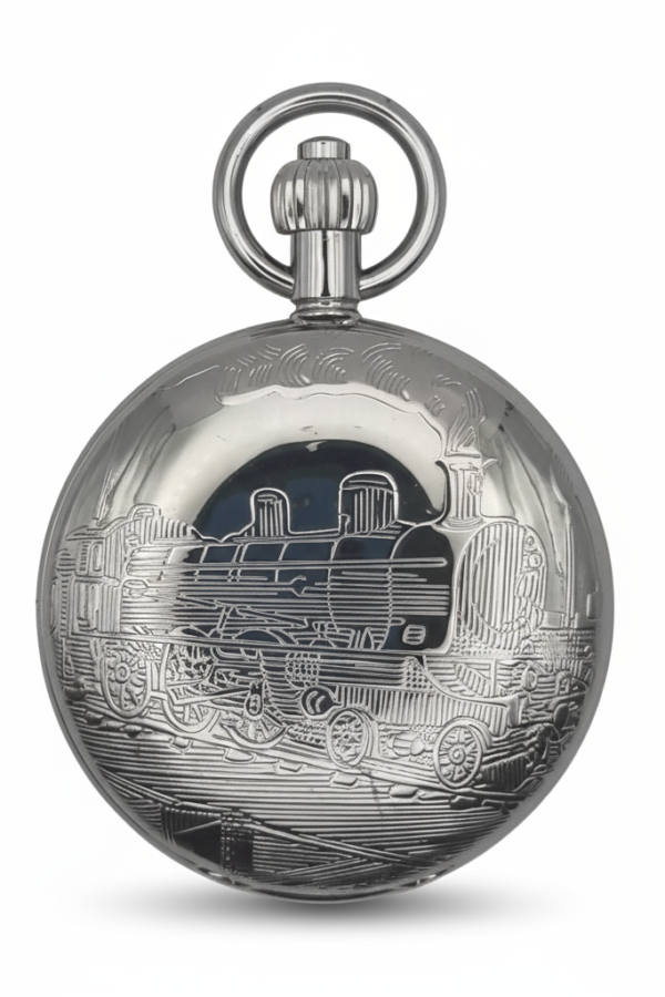 Polished Silver Locomotive Hunter Pocket Watch product image