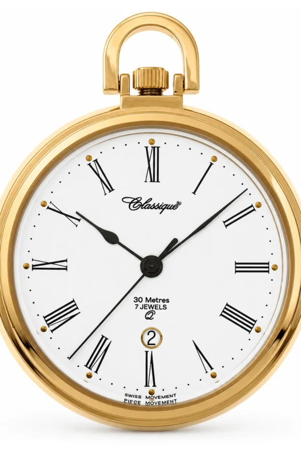 Gents 43mm Open Face Gold Plated Stainless Steel 50M Swiss Quartz Pocket Watch image 1 Gents 43mm Open Face Gold Plated Stainless Steel 50M Swiss Quartz Pocket Watch image 1