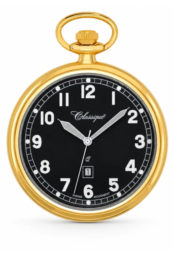 Gents 48mm Gold Plated Black Dial Open Face Swiss Quartz Pocket Watch image 1 Gents 48mm Gold Plated Black Dial Open Face Swiss Quartz Pocket Watch image 1