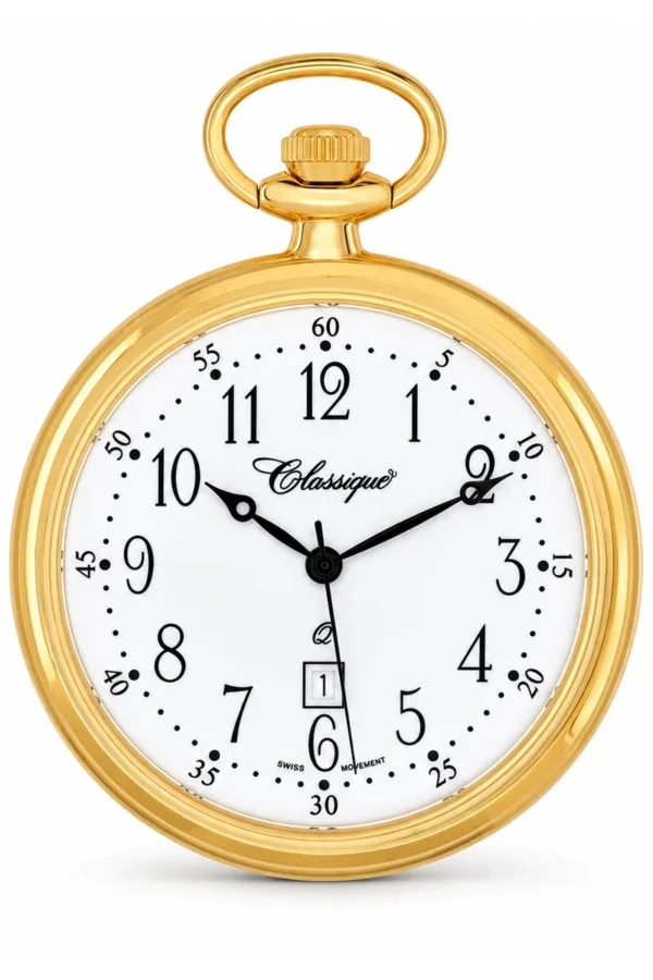 Gents 48mm Gold Plated Open Face Swiss Quartz Pocket Watch image 1 Gents 48mm Gold Plated Open Face Swiss Quartz Pocket Watch image 1