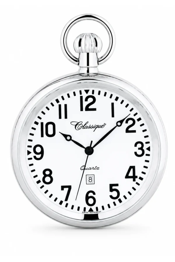 Gents 48mm Open Face All Stainless Steel Swiss Quartz Pocket Watch image 2 Gents 48mm Open Face All Stainless Steel Swiss Quartz Pocket Watch image 2