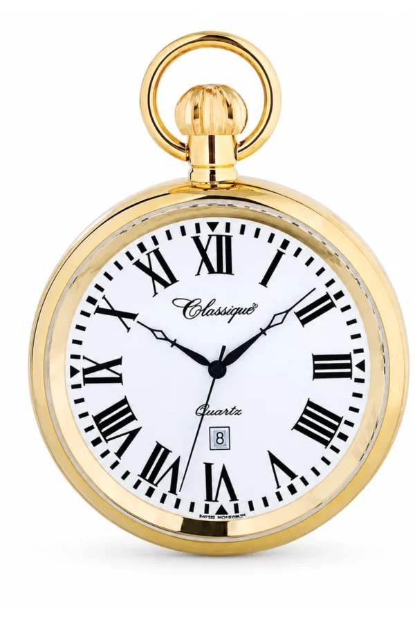 Gents 48mm Open Face Gold Plated All Stainless Steel Swiss Quartz Pocket Watch image 1 Gents 48mm Open Face Gold Plated All Stainless Steel Swiss Quartz Pocket Watch image 1
