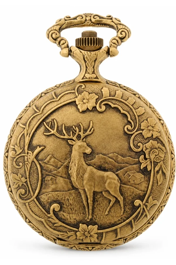 Gents 48mm Pewter Antique Gold Plated "Deer" Swiss Quartz Pocket Watch image 1 Gents 48mm Pewter Antique Gold Plated "Deer" Swiss Quartz Pocket Watch image 1