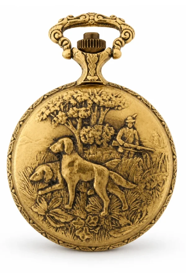 Gents 48mm Pewter Antique Gold Plated "Deer" Swiss Quartz Pocket Watch image 2 Gents 48mm Pewter Antique Gold Plated "Deer" Swiss Quartz Pocket Watch image 2