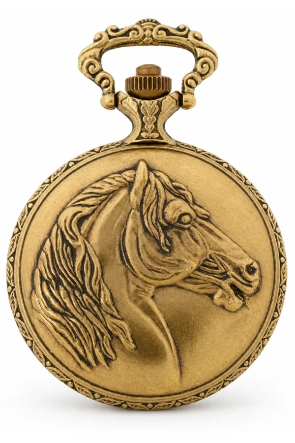 Gents 48mm Pewter Antique Gold Plated "Equestrian" Swiss Quartz Pocket Watch image 2