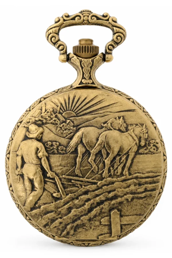 Gents 48mm Pewter Antique Gold Plated "Farmer" Swiss Quartz Pocket Watch image 1 Gents 48mm Pewter Antique Gold Plated "Farmer" Swiss Quartz Pocket Watch image 1