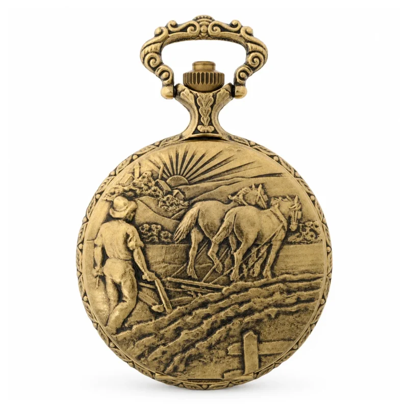 Gents 48mm Pewter Antique Gold Plated "Farmer" Swiss Quartz Pocket Watch