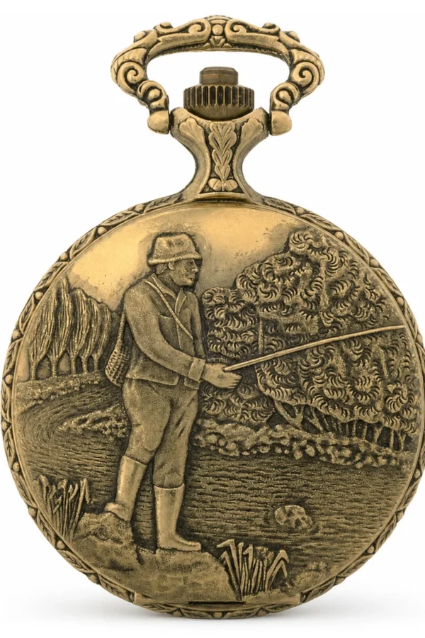 Gents 48mm Pewter Antique Gold Plated "Fisherman" Swiss Quartz Pocket Watch image 1