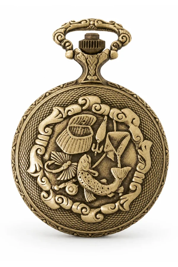 Gents 48mm Pewter Antique Gold Plated "Fisherman" Swiss Quartz Pocket Watch image 2