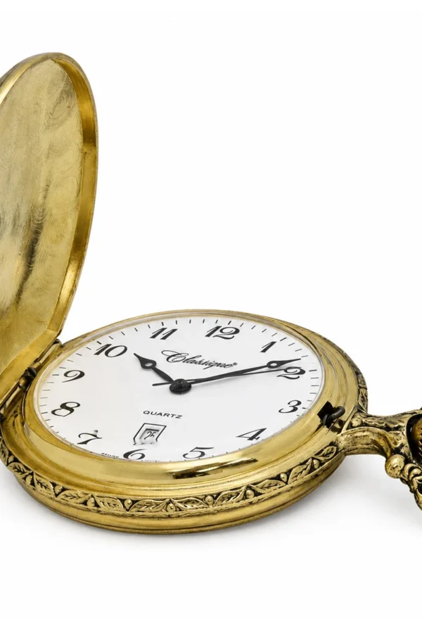 Gents 48mm Pewter Antique Gold Plated "Fisherman" Swiss Quartz Pocket Watch image 3