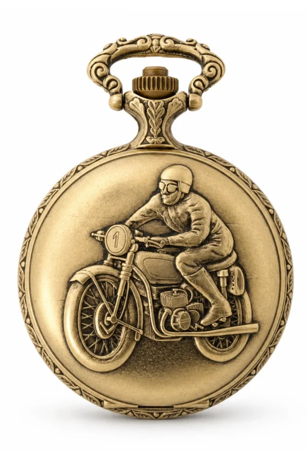 Gents 48mm Pewter Antique Gold Plated "Man on Bike" Swiss Quartz Pocket Watch image 1 Gents 48mm Pewter Antique Gold Plated "Man on Bike" Swiss Quartz Pocket Watch image 1