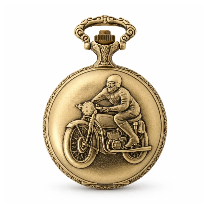 Gents 48mm Pewter Antique Gold Plated "Man on Bike" Swiss Quartz Pocket Watch