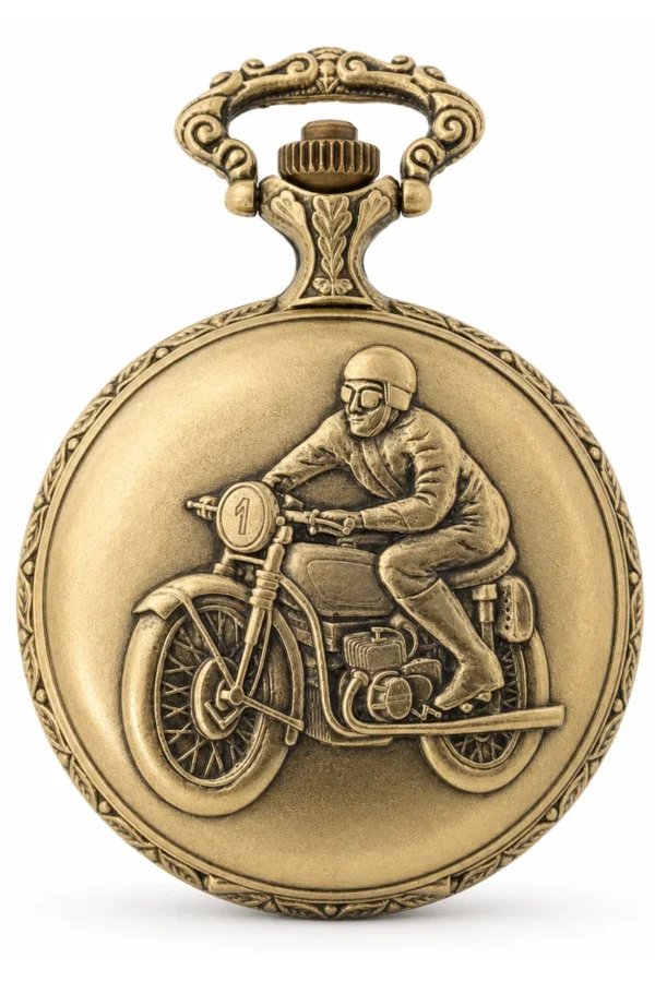 Gents 48mm Pewter Antique Gold Plated "Man on Bike" Swiss Quartz Pocket Watch image 2 Gents 48mm Pewter Antique Gold Plated "Man on Bike" Swiss Quartz Pocket Watch image 2