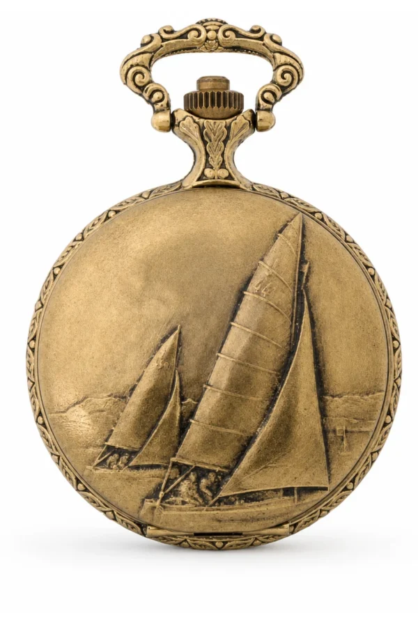 Gents 48mm Pewter Antique Gold Plated "Sailing Boat" Swiss Quartz Pocket Watch image 1 Gents 48mm Pewter Antique Gold Plated "Sailing Boat" Swiss Quartz Pocket Watch image 1