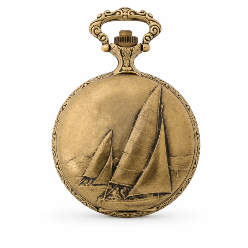 Gents 48mm Pewter Antique Gold Plated "Sailing Boat" Swiss Quartz Pocket Watch