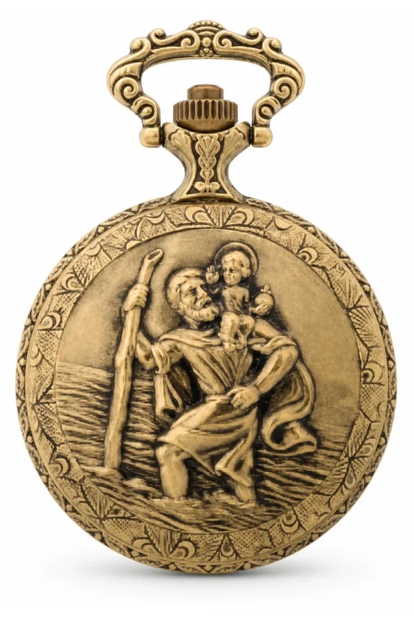 Gents 48mm Pewter Antique Gold Plated "St. Christopher" Swiss Quartz Pocket Watch image 2