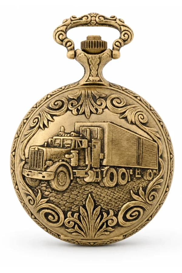 Gents 48mm Pewter Antique Gold Plated "Truck" Swiss Quartz Pocket Watch image 1 Gents 48mm Pewter Antique Gold Plated "Truck" Swiss Quartz Pocket Watch image 1