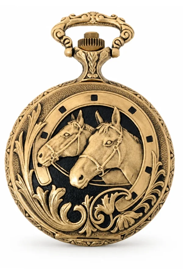 Gents 48mm Pewter Antique Gold Plated "Two Horses" Swiss Quartz Pocket Watch image 1 Gents 48mm Pewter Antique Gold Plated "Two Horses" Swiss Quartz Pocket Watch image 1