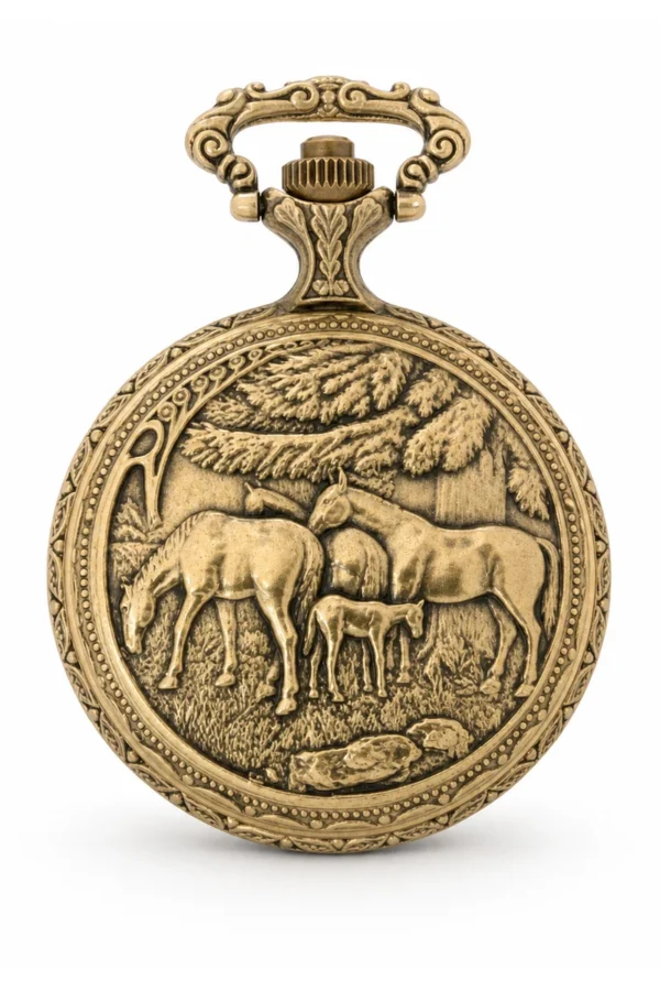 Gents 48mm Pewter Antique Gold Plated "Two Horses" Swiss Quartz Pocket Watch image 2 Gents 48mm Pewter Antique Gold Plated "Two Horses" Swiss Quartz Pocket Watch image 2