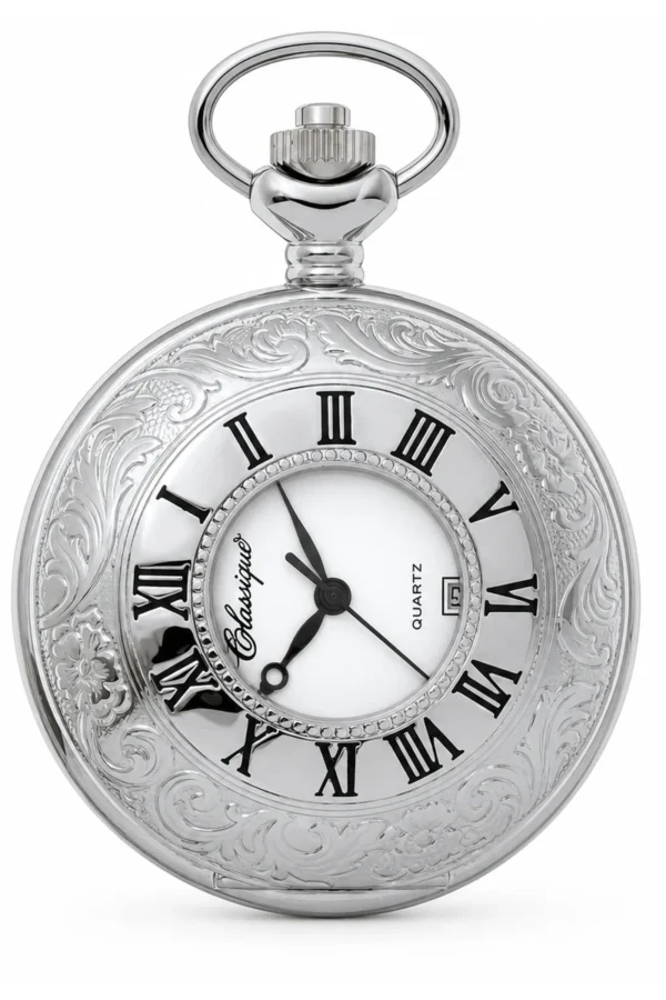 Gents 48mm Rhodium Plated Swiss Quartz Pocket Watch image 1 Gents 48mm Rhodium Plated Swiss Quartz Pocket Watch image 1