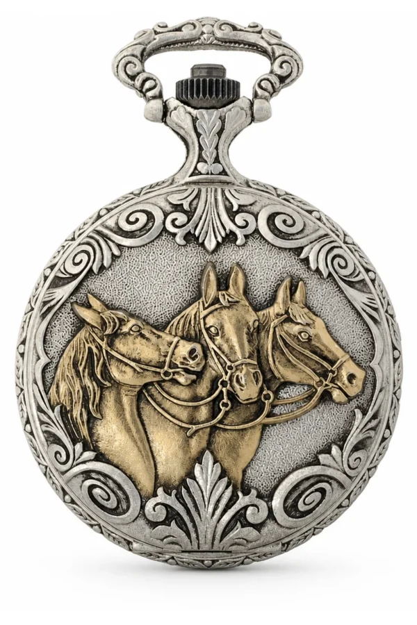 Gents 48mm Pewter Antique Two Tone Gold Plated "Three Horses" Swiss Quartz Pocket Watch image 1 Gents 48mm Pewter Antique Two Tone Gold Plated "Three Horses" Swiss Quartz Pocket Watch image 1