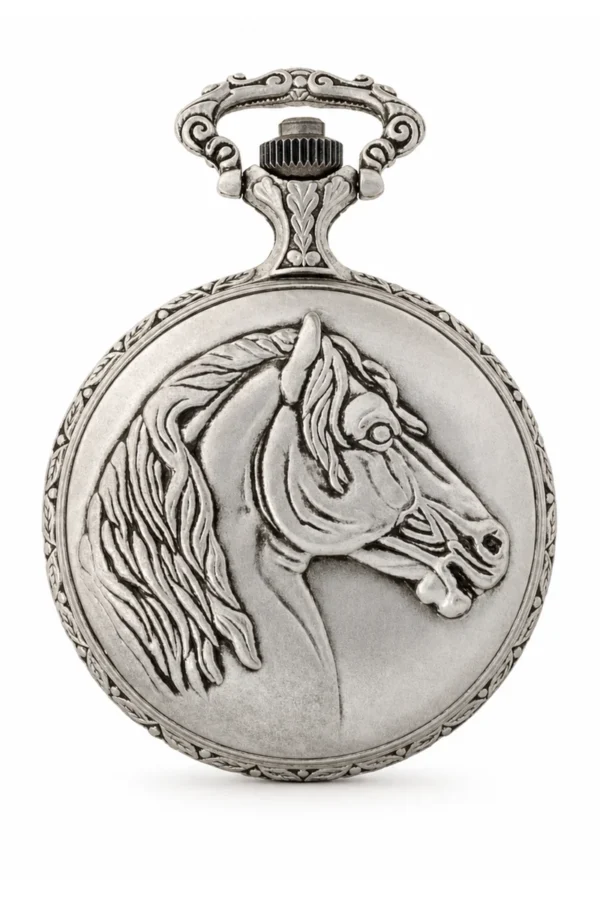 Gents 48mm Pewter Antique Two Tone Gold Plated "Three Horses" Swiss Quartz Pocket Watch image 2 Gents 48mm Pewter Antique Two Tone Gold Plated "Three Horses" Swiss Quartz Pocket Watch image 2