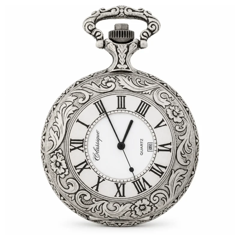 Gents 48mm Pewter Antique Rhodium Plated Swiss Quartz Pocket Watch