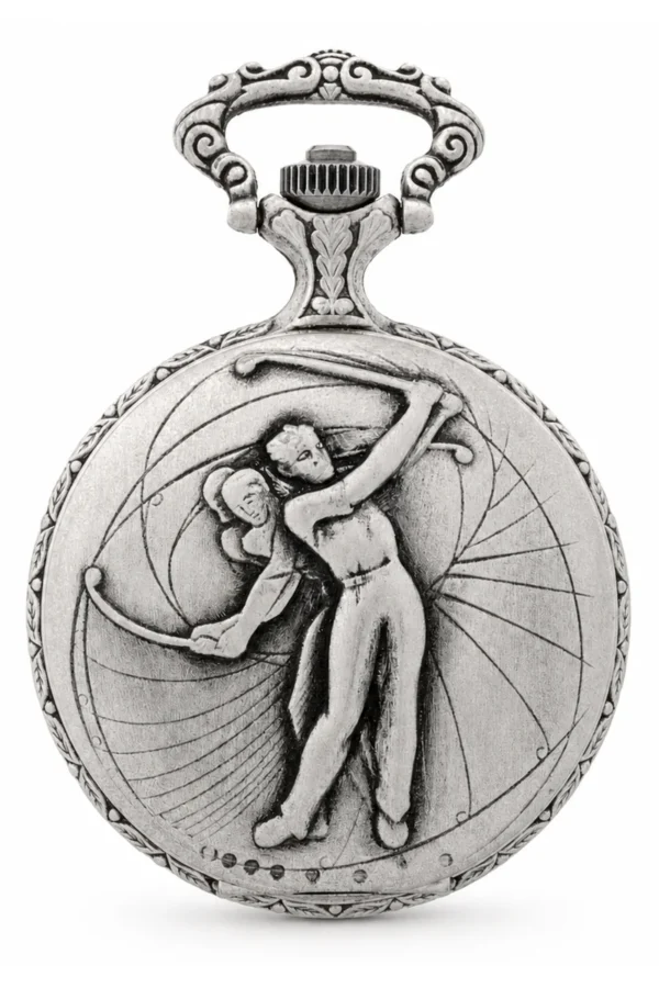 Gents 48mm Pewter Antique Rhodium Plated "Golf" Swiss Quartz Pocket Watch image 1 Gents 48mm Pewter Antique Rhodium Plated "Golf" Swiss Quartz Pocket Watch image 1
