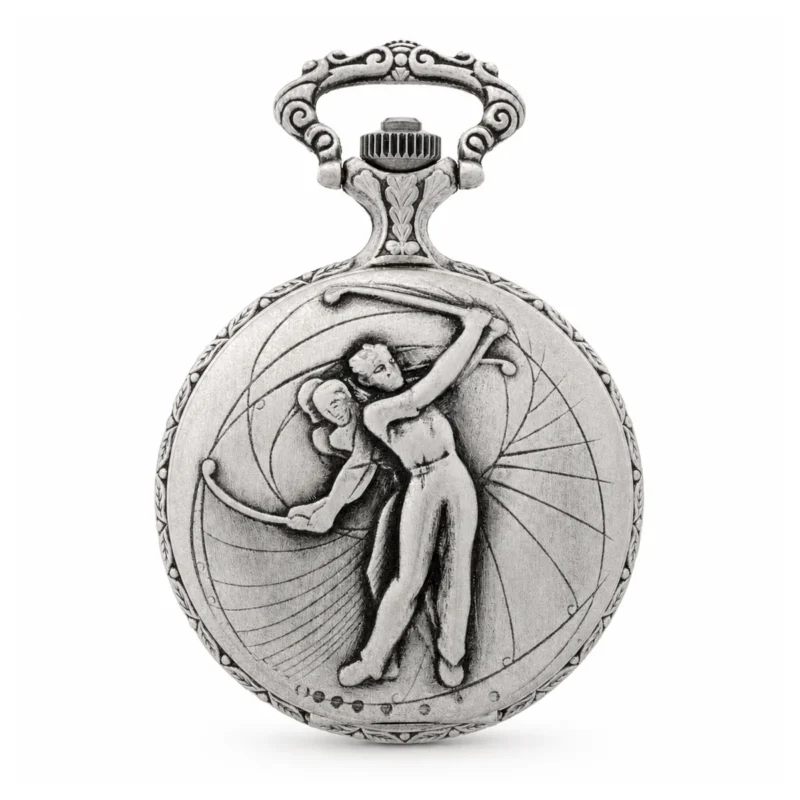 Gents 48mm Pewter Antique Rhodium Plated "Golf" Swiss Quartz Pocket Watch