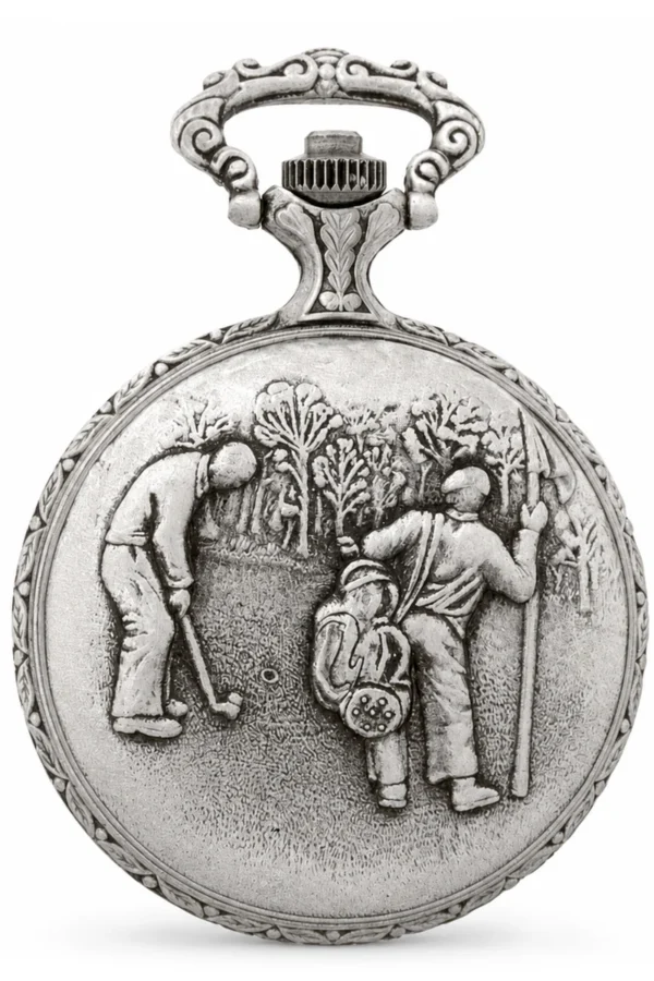 Gents 48mm Pewter Antique Rhodium Plated "Golf" Swiss Quartz Pocket Watch image 2 Gents 48mm Pewter Antique Rhodium Plated "Golf" Swiss Quartz Pocket Watch image 2