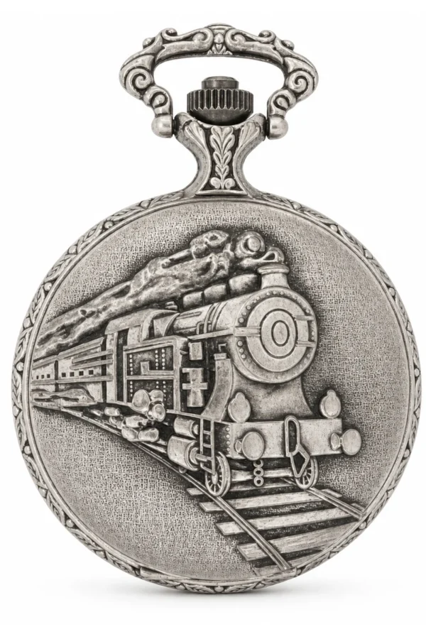 Gents 48mm Pewter Antique Rhodium Plated "Train" Swiss Quartz Pocket Watch image 1 Gents 48mm Pewter Antique Rhodium Plated "Train" Swiss Quartz Pocket Watch image 1