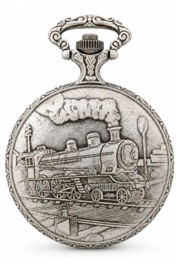 Gents 48mm Pewter Antique Rhodium Plated "Train" Swiss Quartz Pocket Watch image 2 Gents 48mm Pewter Antique Rhodium Plated "Train" Swiss Quartz Pocket Watch image 2