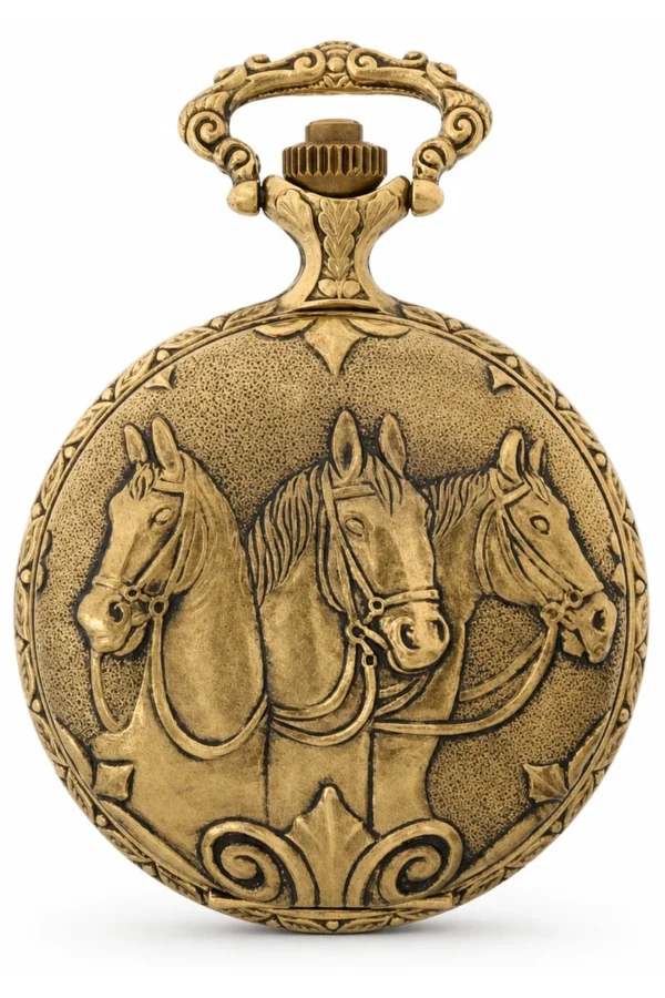 Gents 48mm Pewter Antique Gold Plated "Three Horses" Swiss Quartz Pocket Watch image 2
