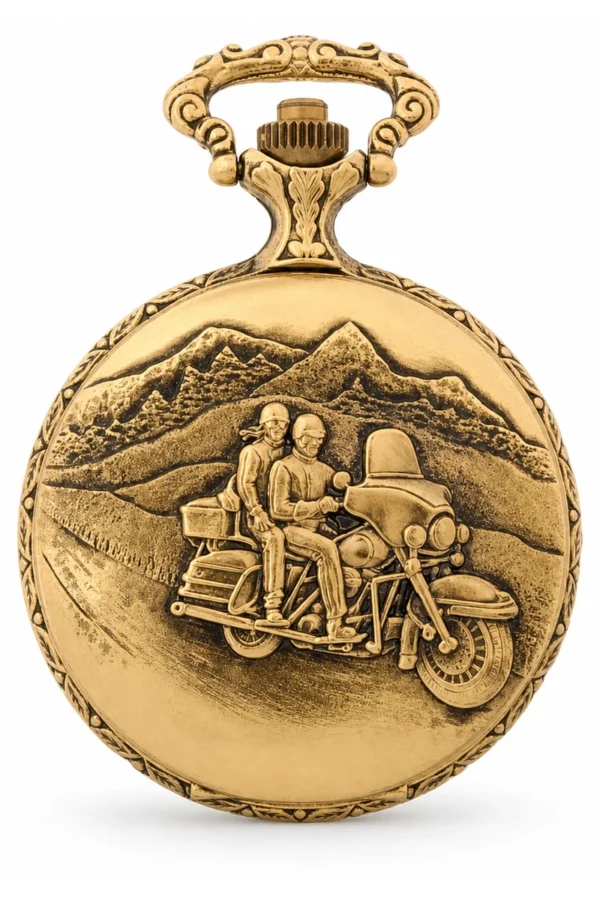 Gents 48mm Pewter Antique Gold Plated "Touring Couple" Swiss Quartz Pocket Watch image 1 Gents 48mm Pewter Antique Gold Plated "Touring Couple" Swiss Quartz Pocket Watch image 1