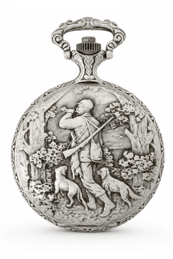 Gents 48mm Pewter Antique Rhodium Plated "Hunter" Swiss Quartz Pocket Watch image 1 Gents 48mm Pewter Antique Rhodium Plated "Hunter" Swiss Quartz Pocket Watch image 1