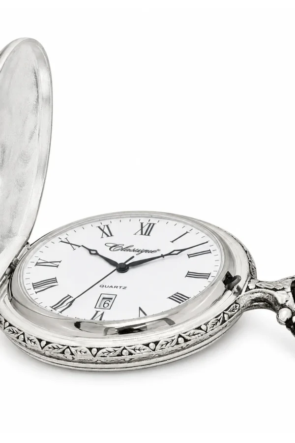 Gents 48mm Pewter Antique Rhodium Plated "Hunter" Swiss Quartz Pocket Watch image 3 Gents 48mm Pewter Antique Rhodium Plated "Hunter" Swiss Quartz Pocket Watch image 3