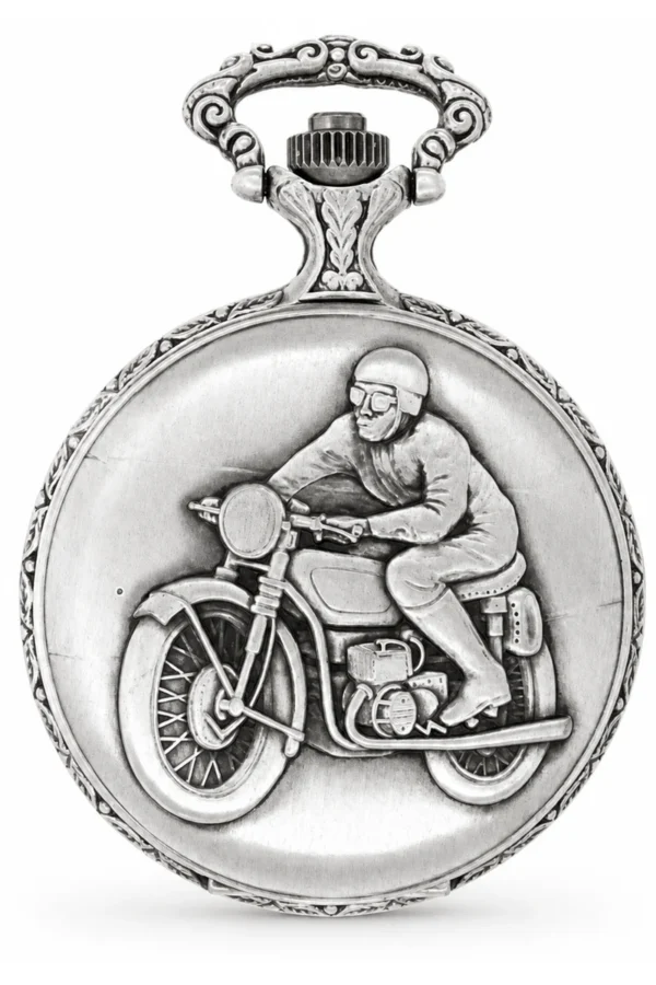 Gents 48mm Pewter Antique Rhodium Plated "Man on Bike" Swiss Quartz Pocket Watch image 1 Gents 48mm Pewter Antique Rhodium Plated "Man on Bike" Swiss Quartz Pocket Watch image 1