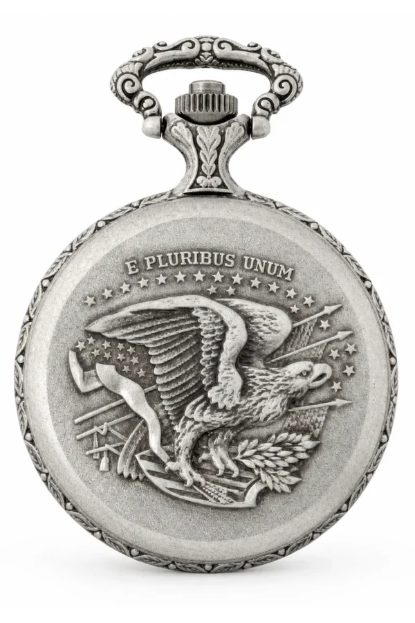 Gents 48mm Pewter Antique Rhodium Plated "Man on Bike" Swiss Quartz Pocket Watch image 2 Gents 48mm Pewter Antique Rhodium Plated "Man on Bike" Swiss Quartz Pocket Watch image 2