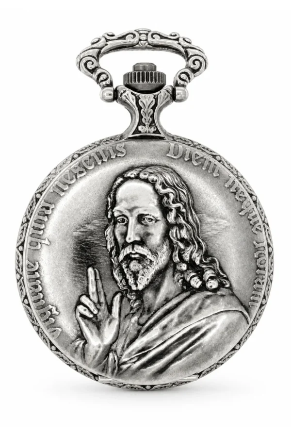 Gents 48mm Pewter Antique Rhodium Plated "St. Christopher" Swiss Quartz Pocket Watch image 1 Gents 48mm Pewter Antique Rhodium Plated "St. Christopher" Swiss Quartz Pocket Watch image 1