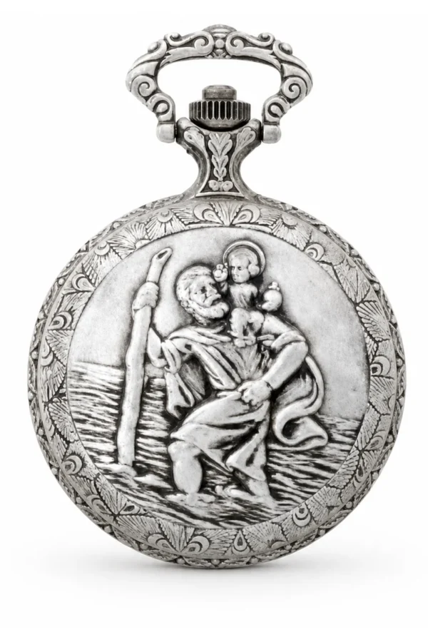 Gents 48mm Pewter Antique Rhodium Plated "St. Christopher" Swiss Quartz Pocket Watch image 2 Gents 48mm Pewter Antique Rhodium Plated "St. Christopher" Swiss Quartz Pocket Watch image 2