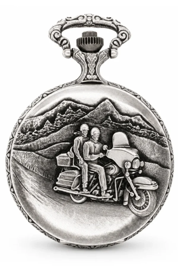 Gents 48mm Pewter Antique Rhodium Plated "Touring Couple" Swiss Quartz Pocket Watch image 1 Gents 48mm Pewter Antique Rhodium Plated "Touring Couple" Swiss Quartz Pocket Watch image 1