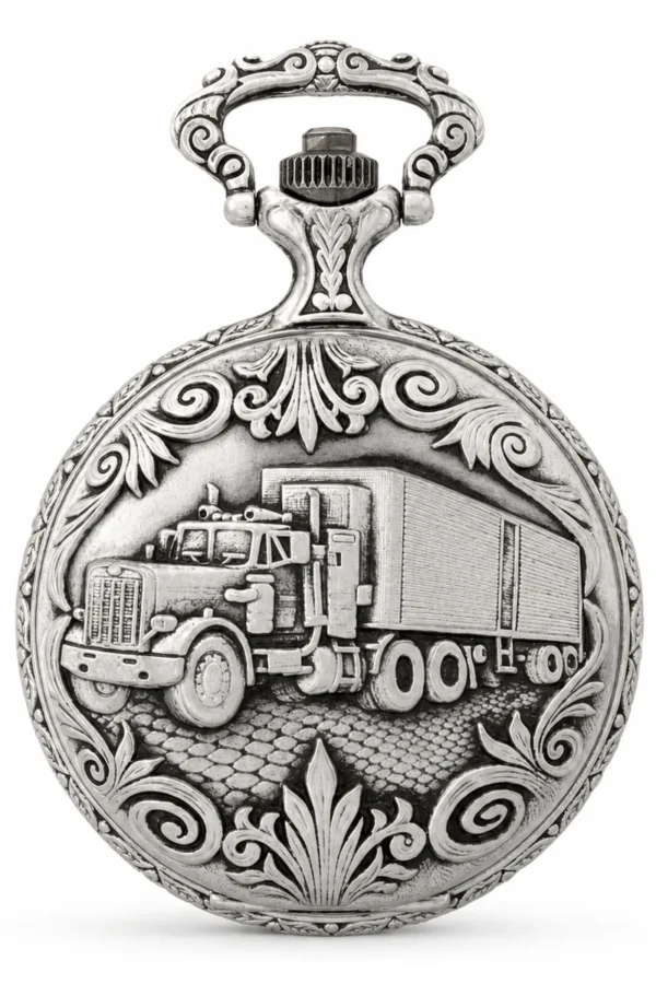 Gents 48mm Pewter Antique Rhodium Plated "Truck" Swiss Quartz Pocket Watch image 1 Gents 48mm Pewter Antique Rhodium Plated "Truck" Swiss Quartz Pocket Watch image 1