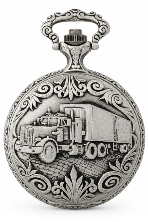 Gents 48mm Pewter Antique Rhodium Plated "Truck" Swiss Quartz Pocket Watch image 2 Gents 48mm Pewter Antique Rhodium Plated "Truck" Swiss Quartz Pocket Watch image 2