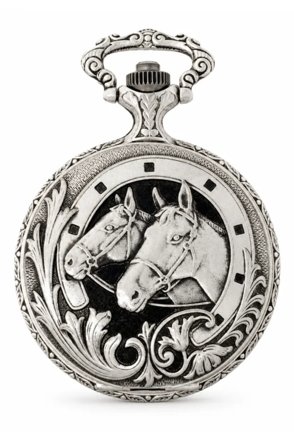 Gents 48mm Pewter Antique Rhodium Plated "Two Horses" Swiss Quartz Pocket Watch image 1 Gents 48mm Pewter Antique Rhodium Plated "Two Horses" Swiss Quartz Pocket Watch image 1