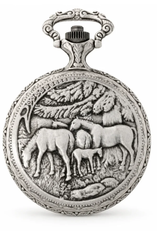 Gents 48mm Pewter Antique Rhodium Plated "Two Horses" Swiss Quartz Pocket Watch image 2 Gents 48mm Pewter Antique Rhodium Plated "Two Horses" Swiss Quartz Pocket Watch image 2