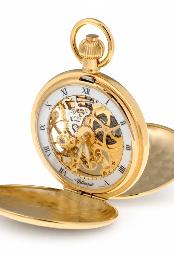 Gents 49mm Gold Plated Mechanical Skeleton Swiss Made Pocket Watch image 1 Gents 49mm Gold Plated Mechanical Skeleton Swiss Made Pocket Watch image 1