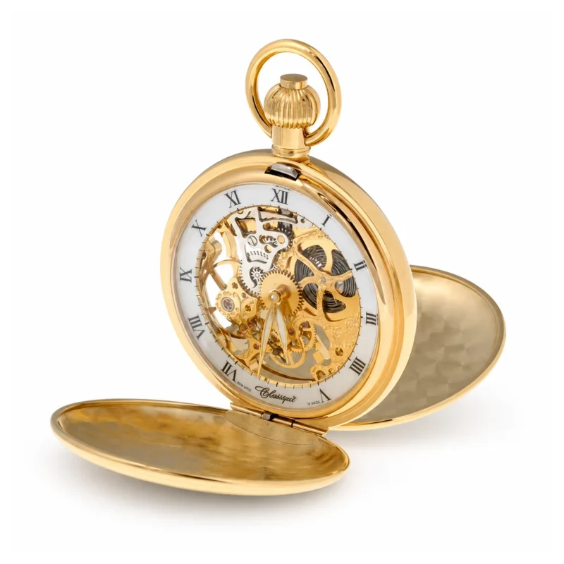 Gents 49mm Gold Plated Mechanical Skeleton Swiss Made Pocket Watch